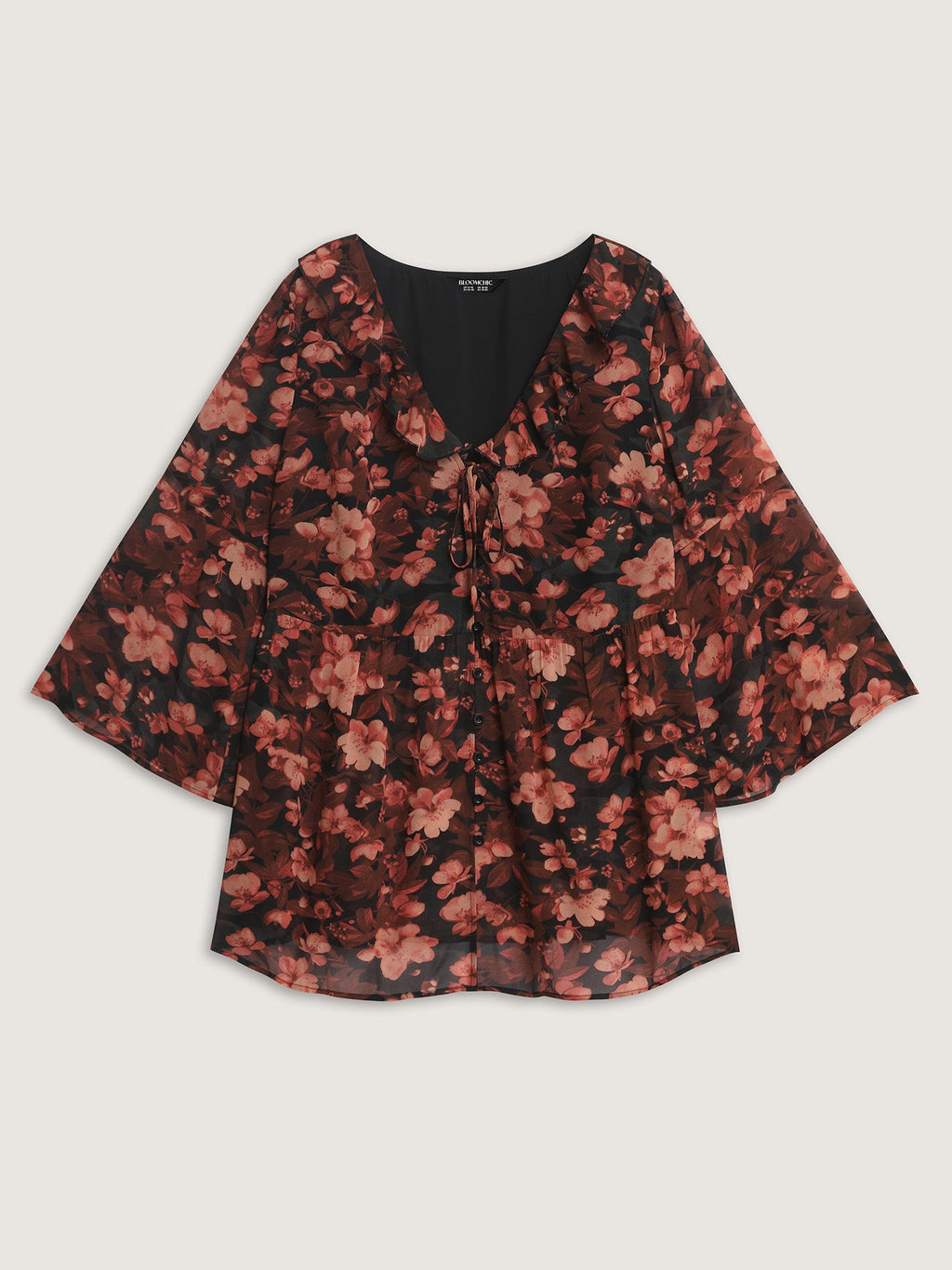Floral Print Ruffled Neckline Blouse