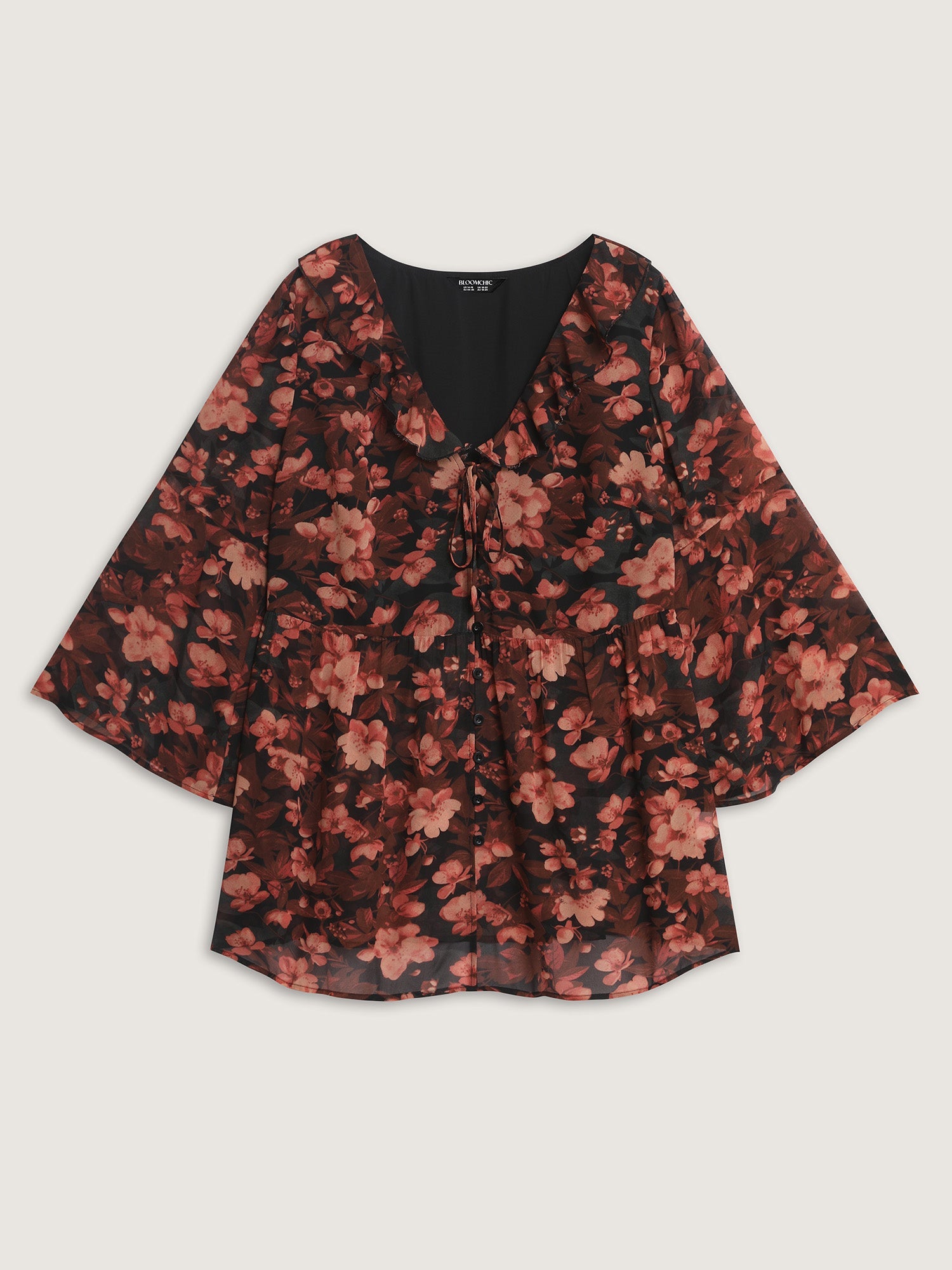 Floral Print Ruffled Neckline Blouse