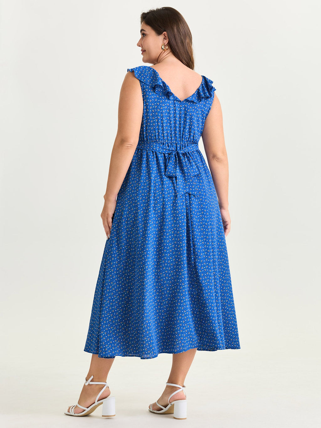 Ruffled Neckline Micro Floral Print Midi Dress