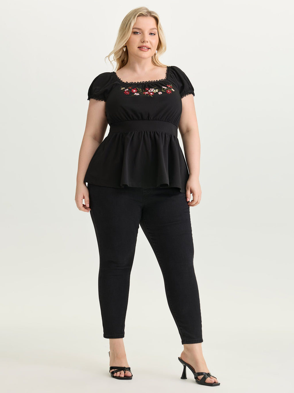 Floral Embroidered Babydoll Plain Knit Top