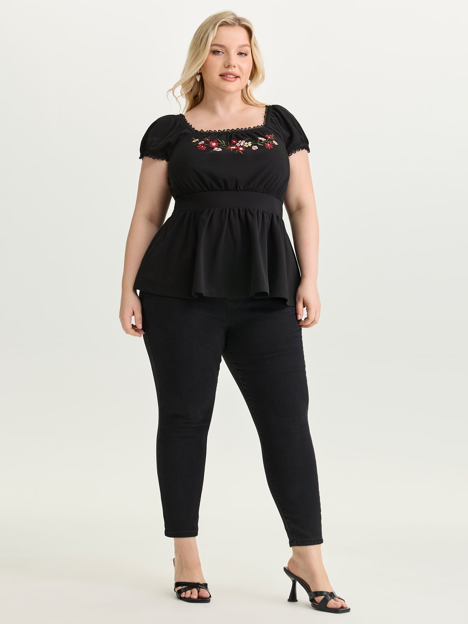 Floral Embroidered Babydoll Plain Knit Top