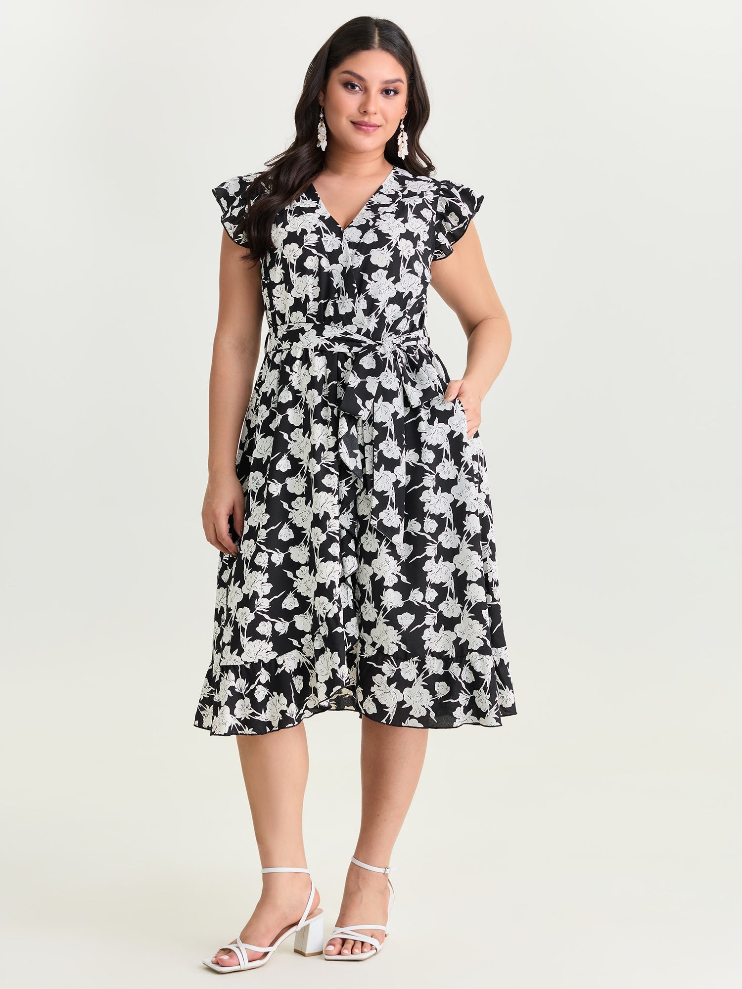 Floral Print Wrap Neckline Side Tie Midi Dress