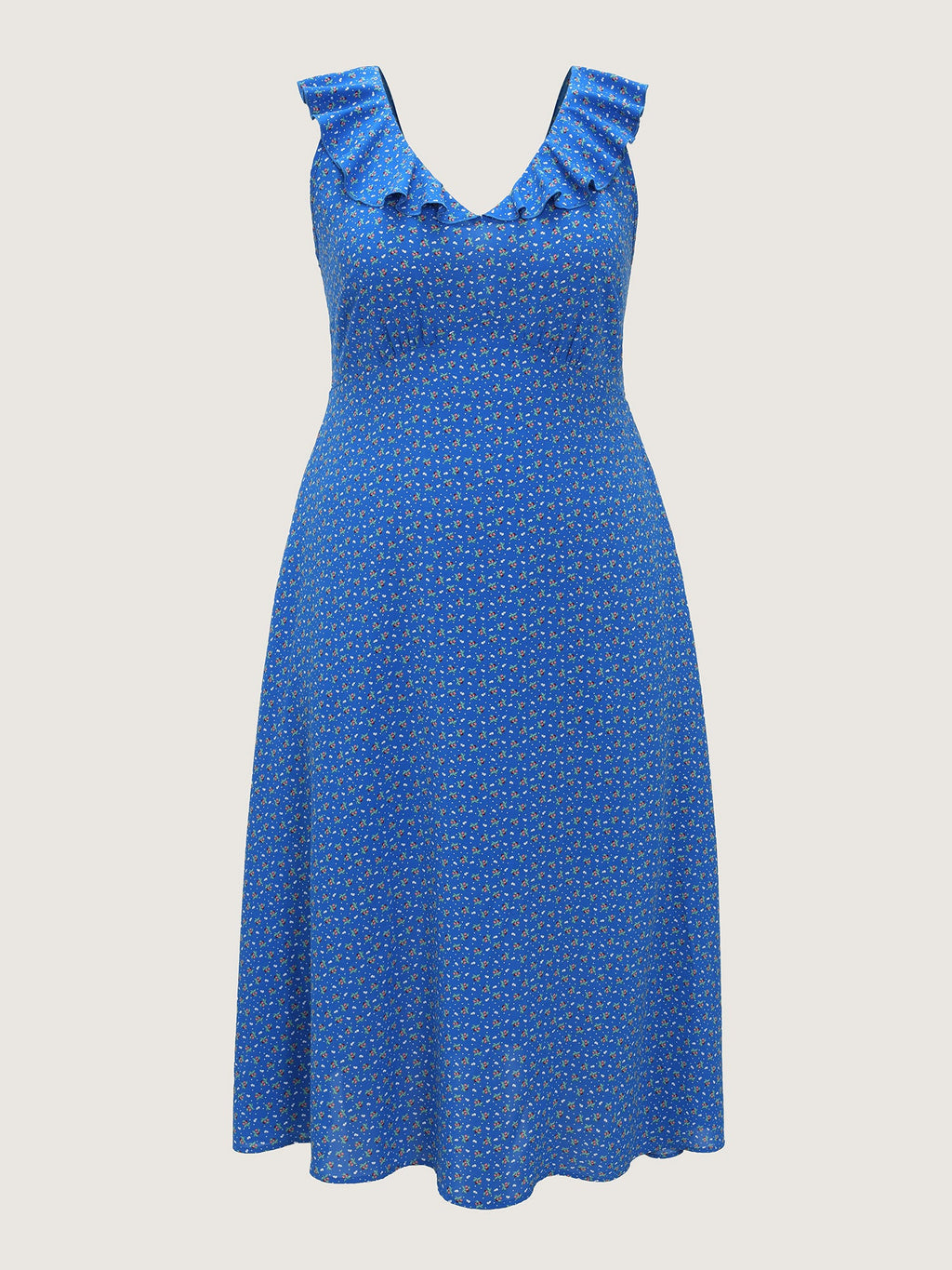 Ruffled Neckline Micro Floral Print Midi Dress