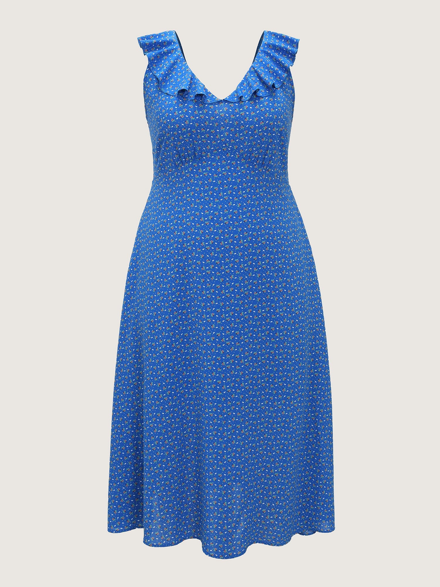Ruffled Neckline Micro Floral Print Midi Dress