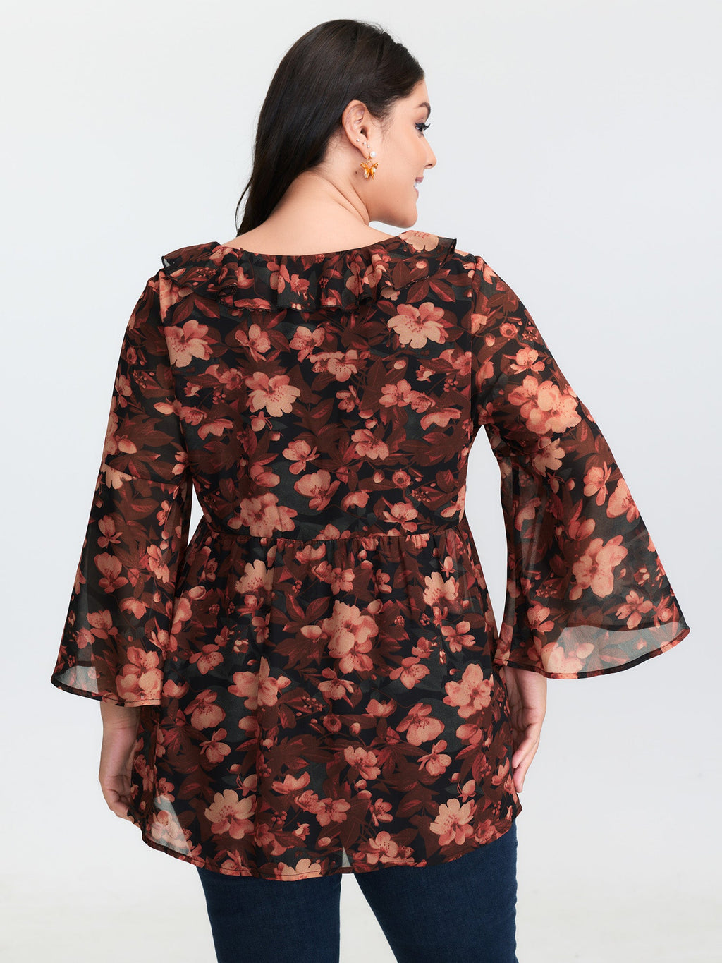 Floral Print Ruffled Neckline Blouse