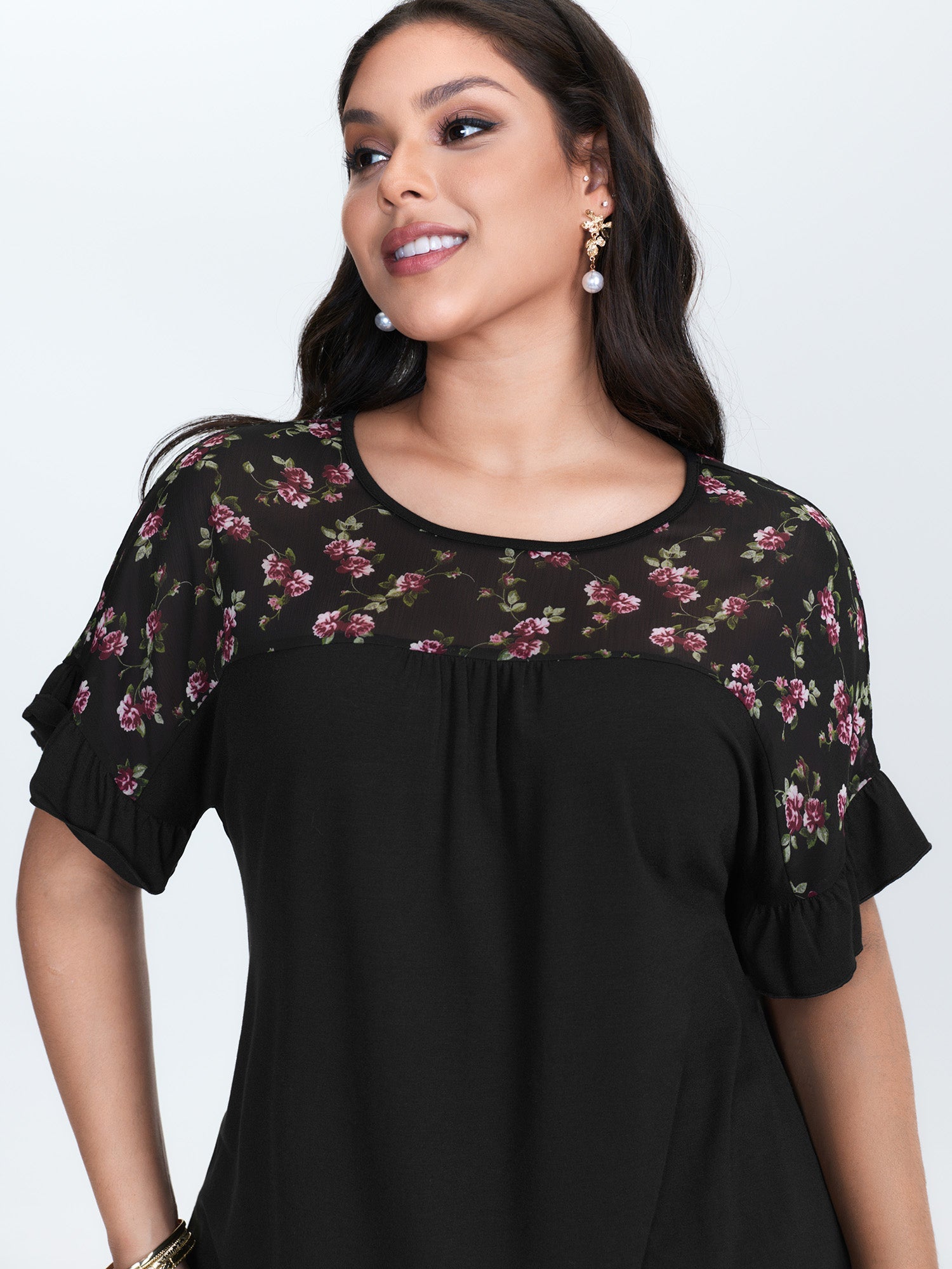 Sheer Floral Print Contrast Knit Top