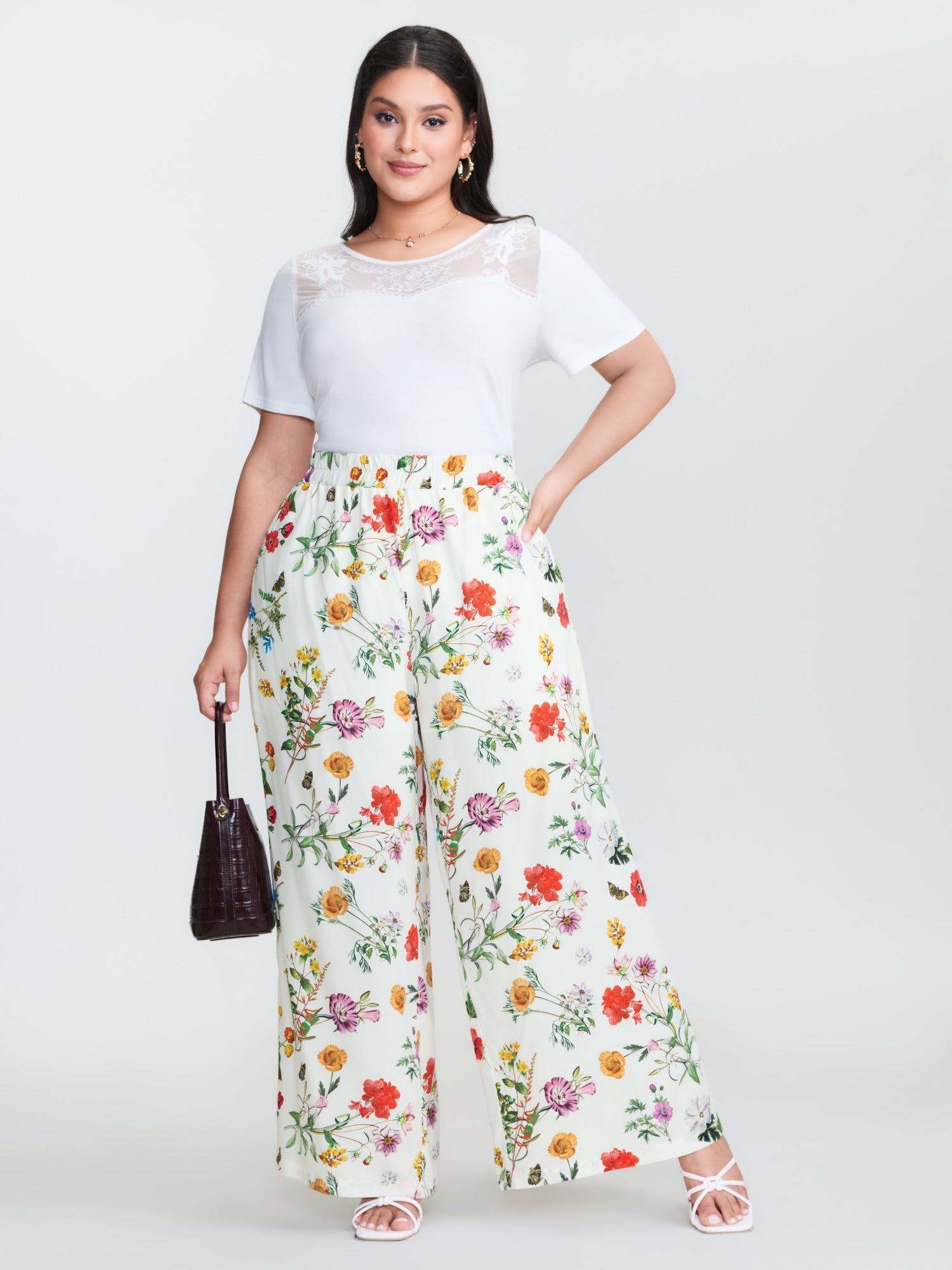 Floral Print Stretchy Waist Wide-Leg Pants